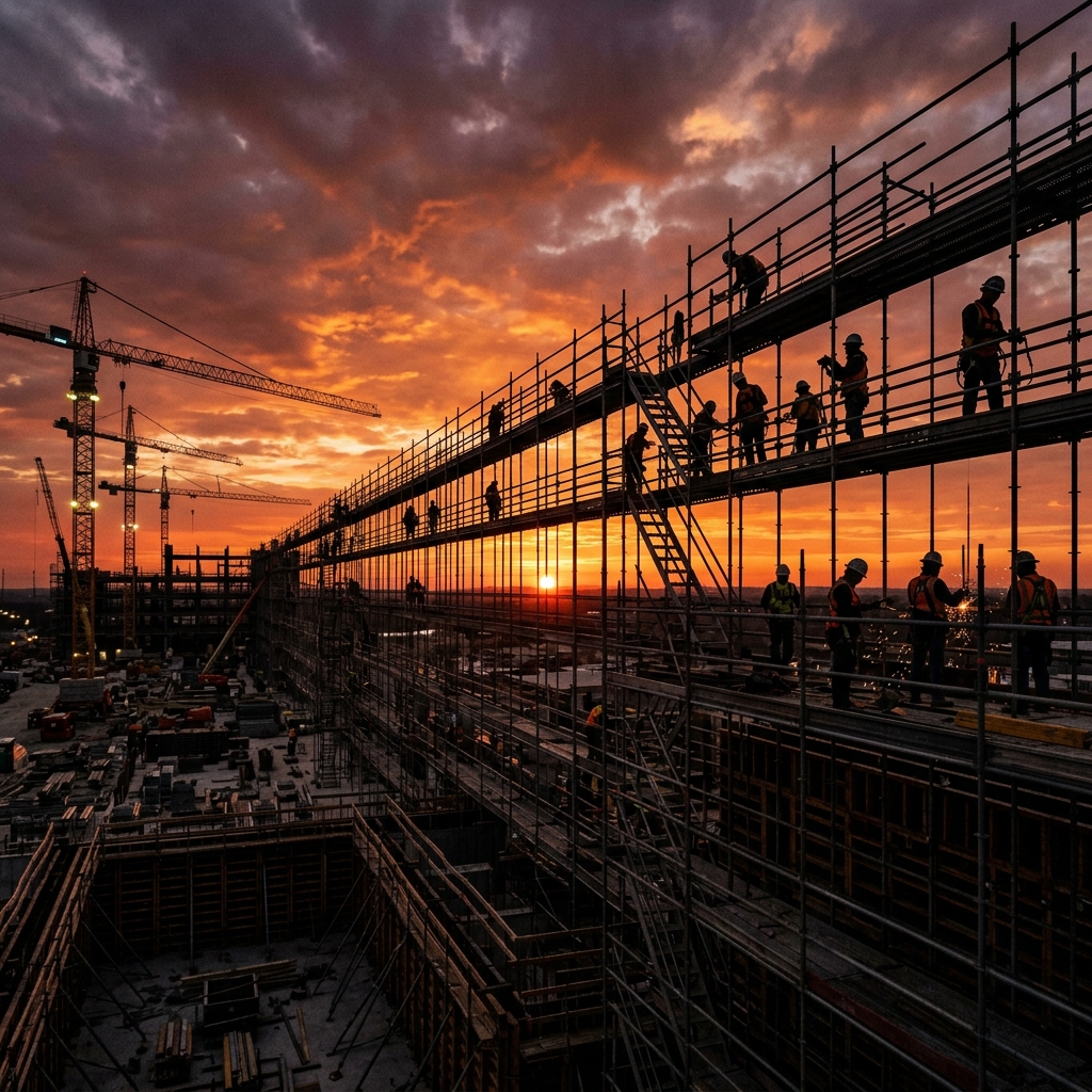Andaime em obra ao pôr do sol