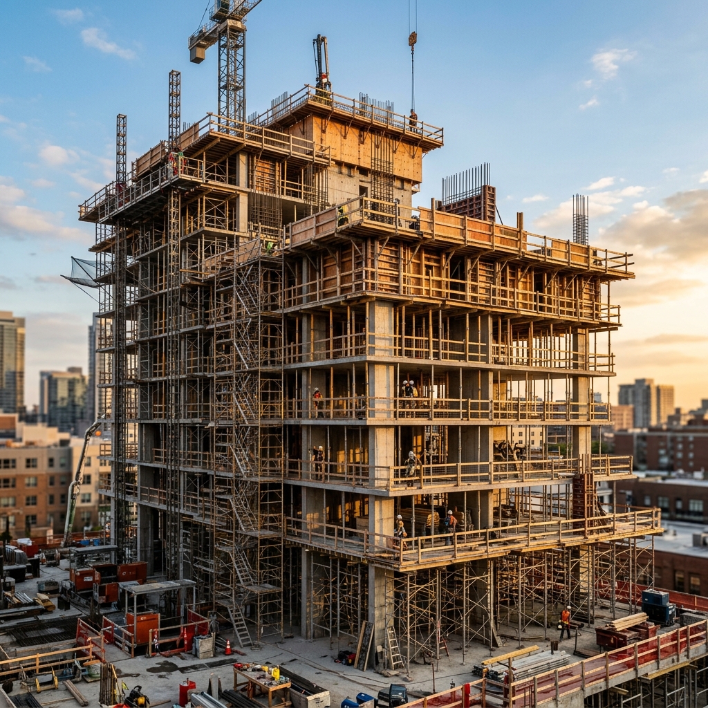 Obra de construção civil com estrutura de andaimes